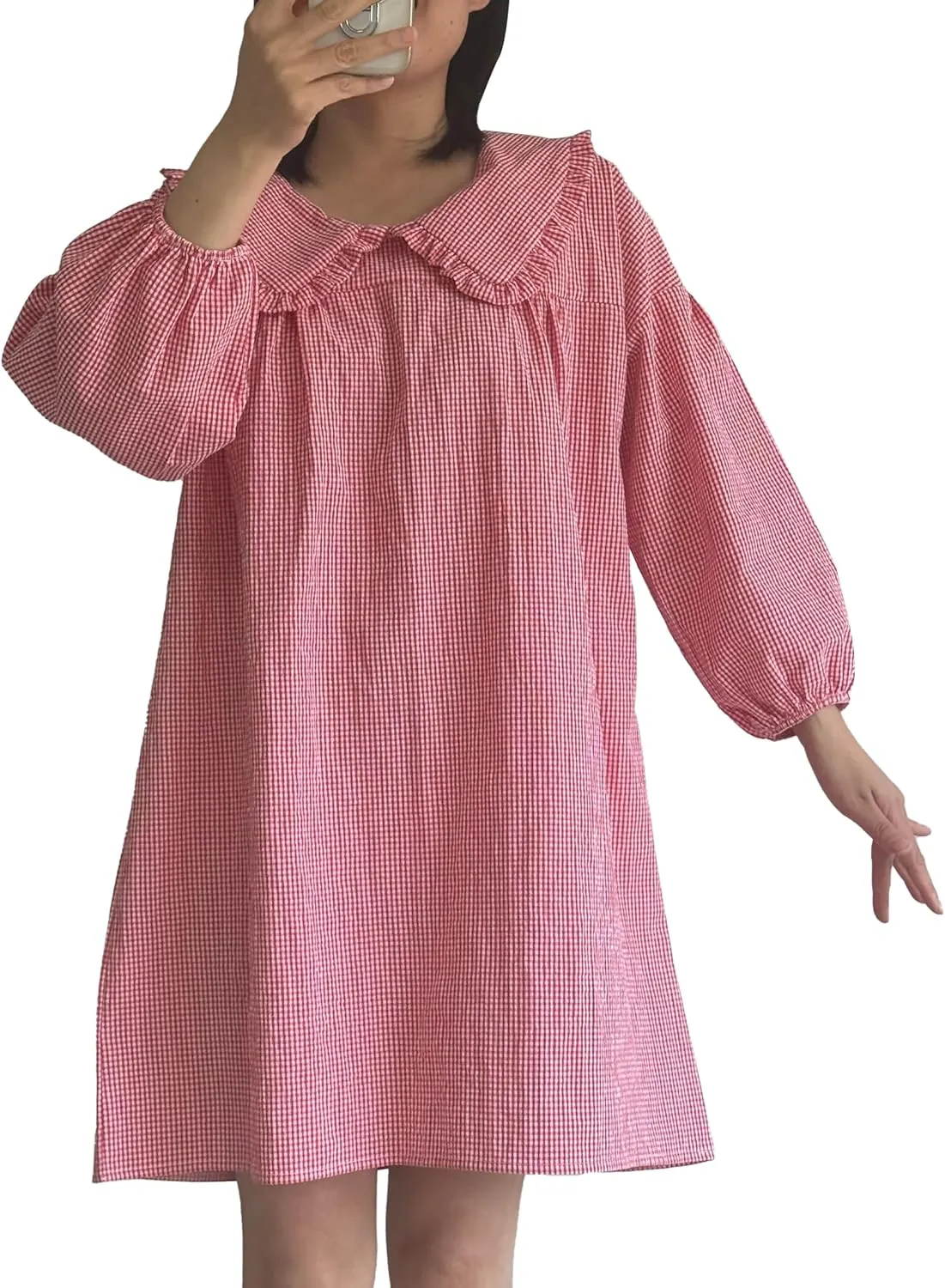 2025 Women's Babydoll 3/4 Puff Sleeve Plaid Mini Dress Lapel Doll Collar Loose Y2k Dress
