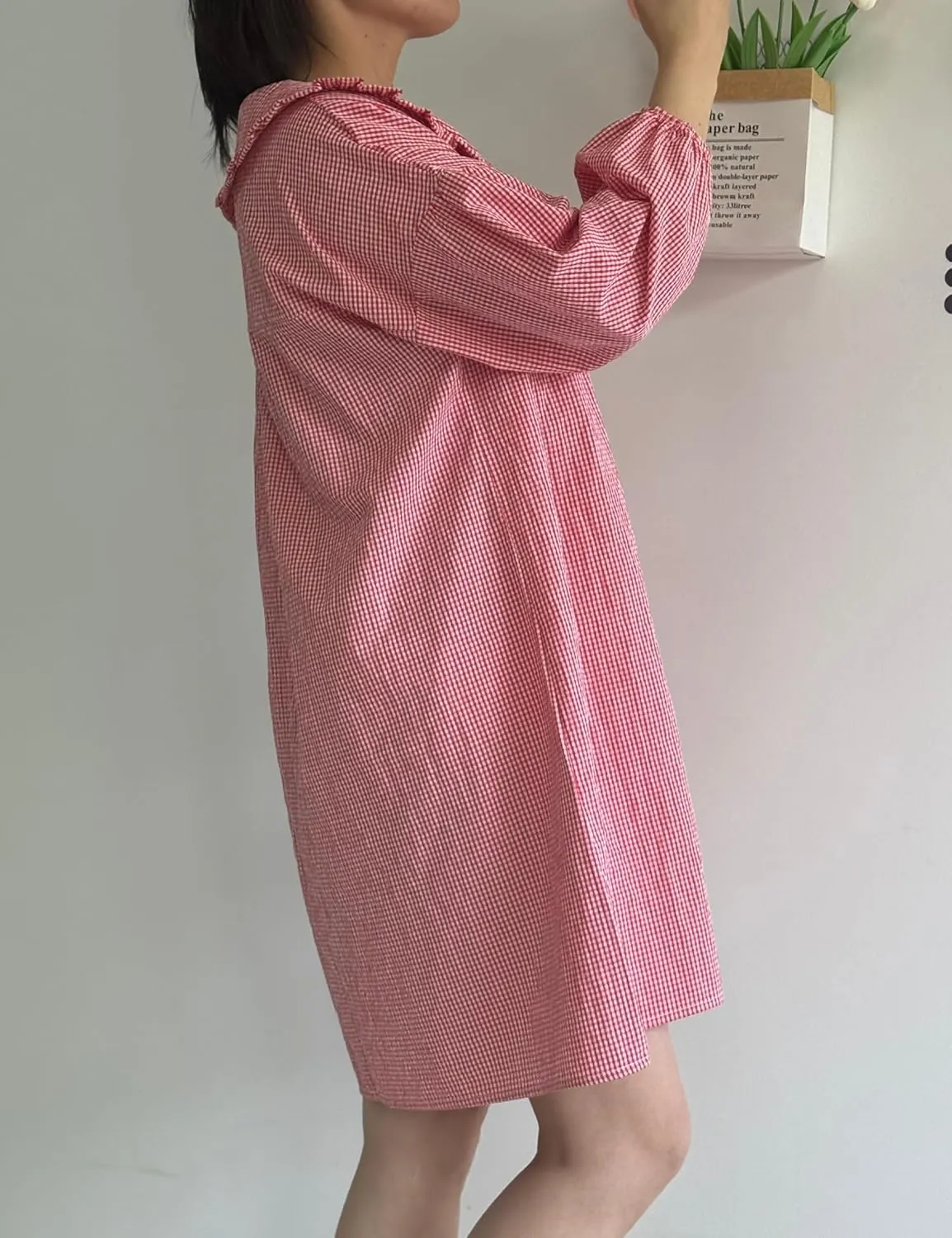 2025 Women's Babydoll 3/4 Puff Sleeve Plaid Mini Dress Lapel Doll Collar Loose Y2k Dress