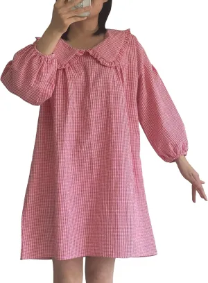 2025 Women's Babydoll 3/4 Puff Sleeve Plaid Mini Dress Lapel Doll Collar Loose Y2k Dress