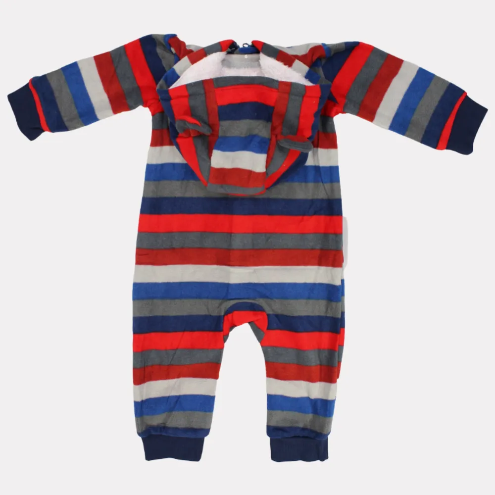 Bear Head Striped Long-Sleeved Hooded Footless Onesie