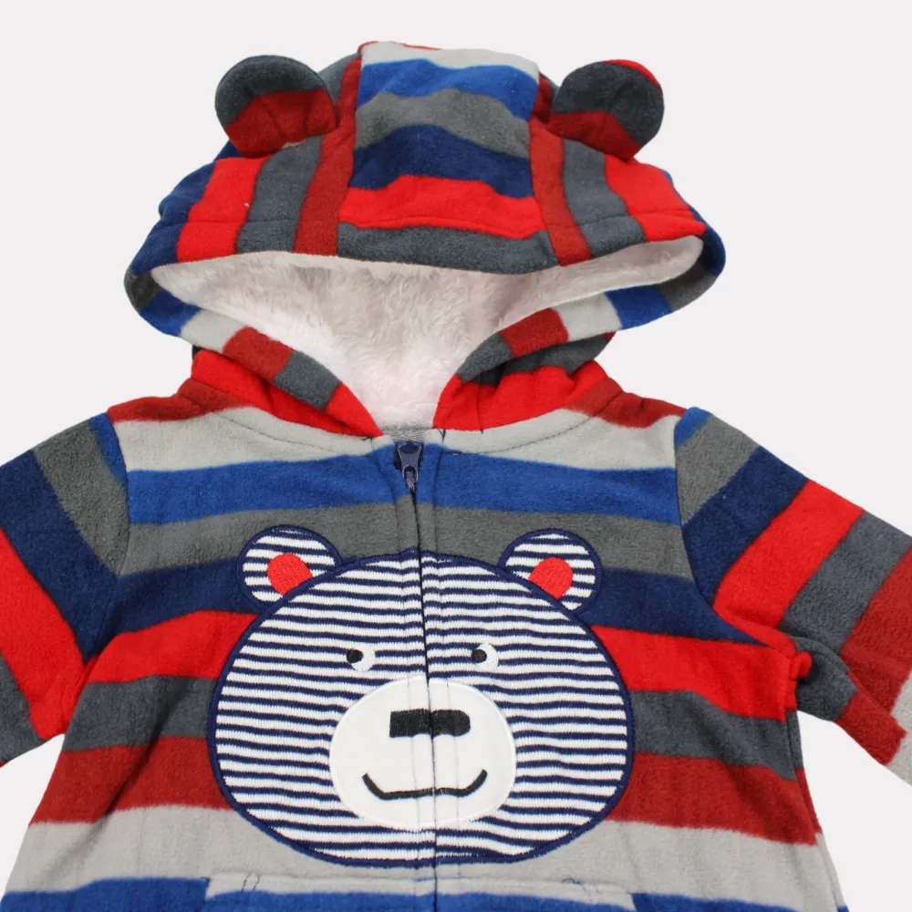 Bear Head Striped Long-Sleeved Hooded Footless Onesie