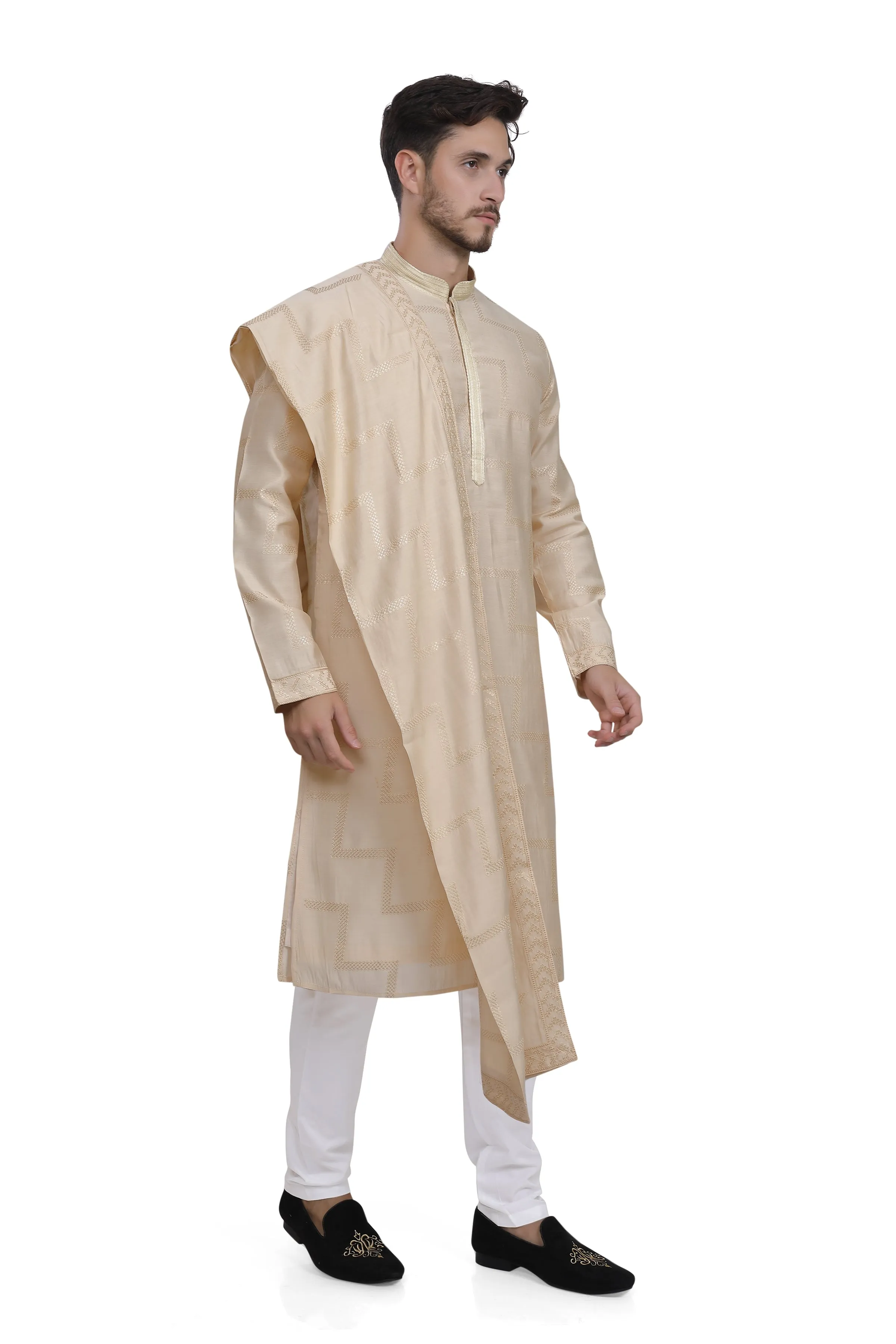 Beige mens kurta dupatta and pyjama set
