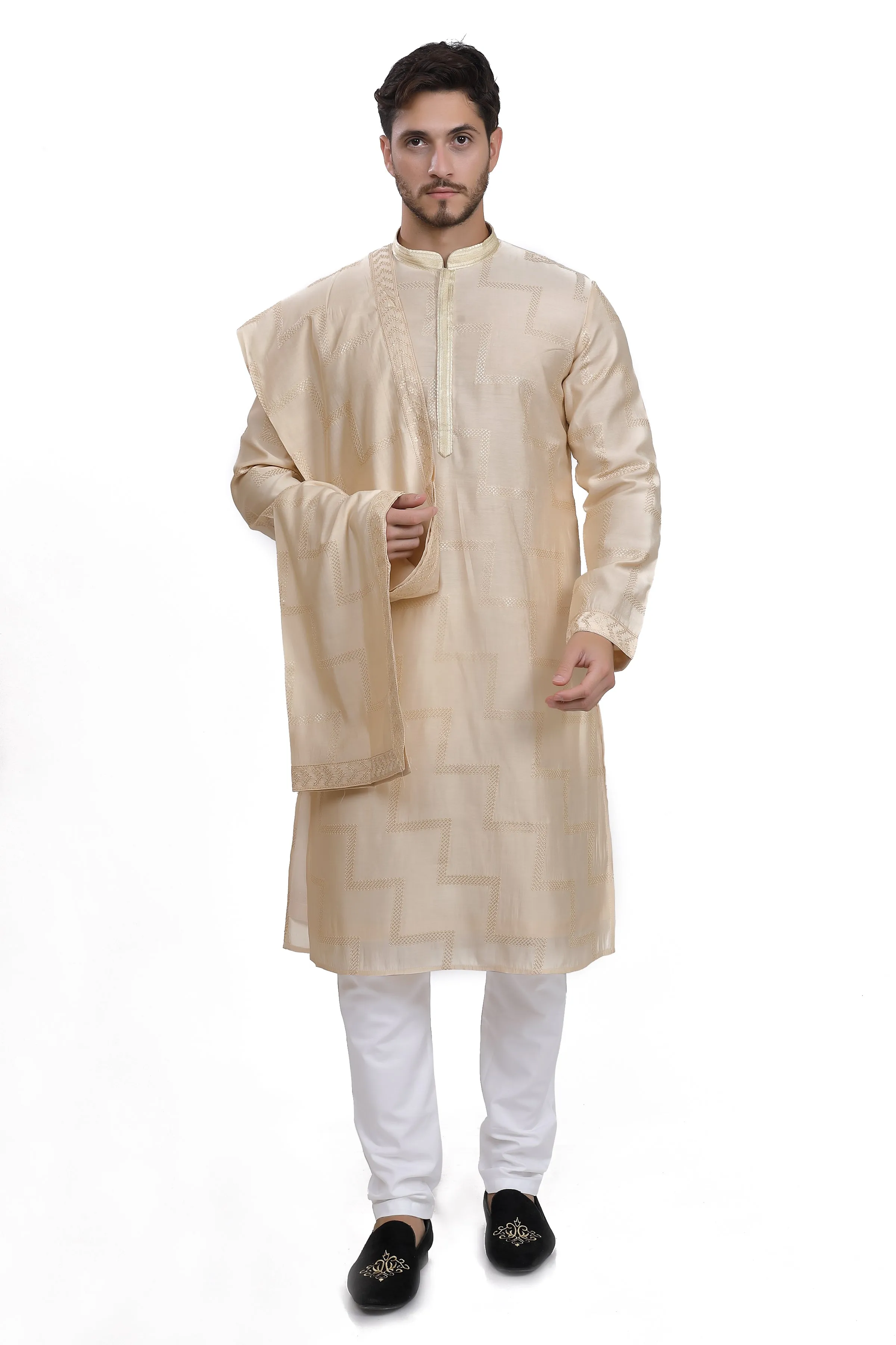 Beige mens kurta dupatta and pyjama set