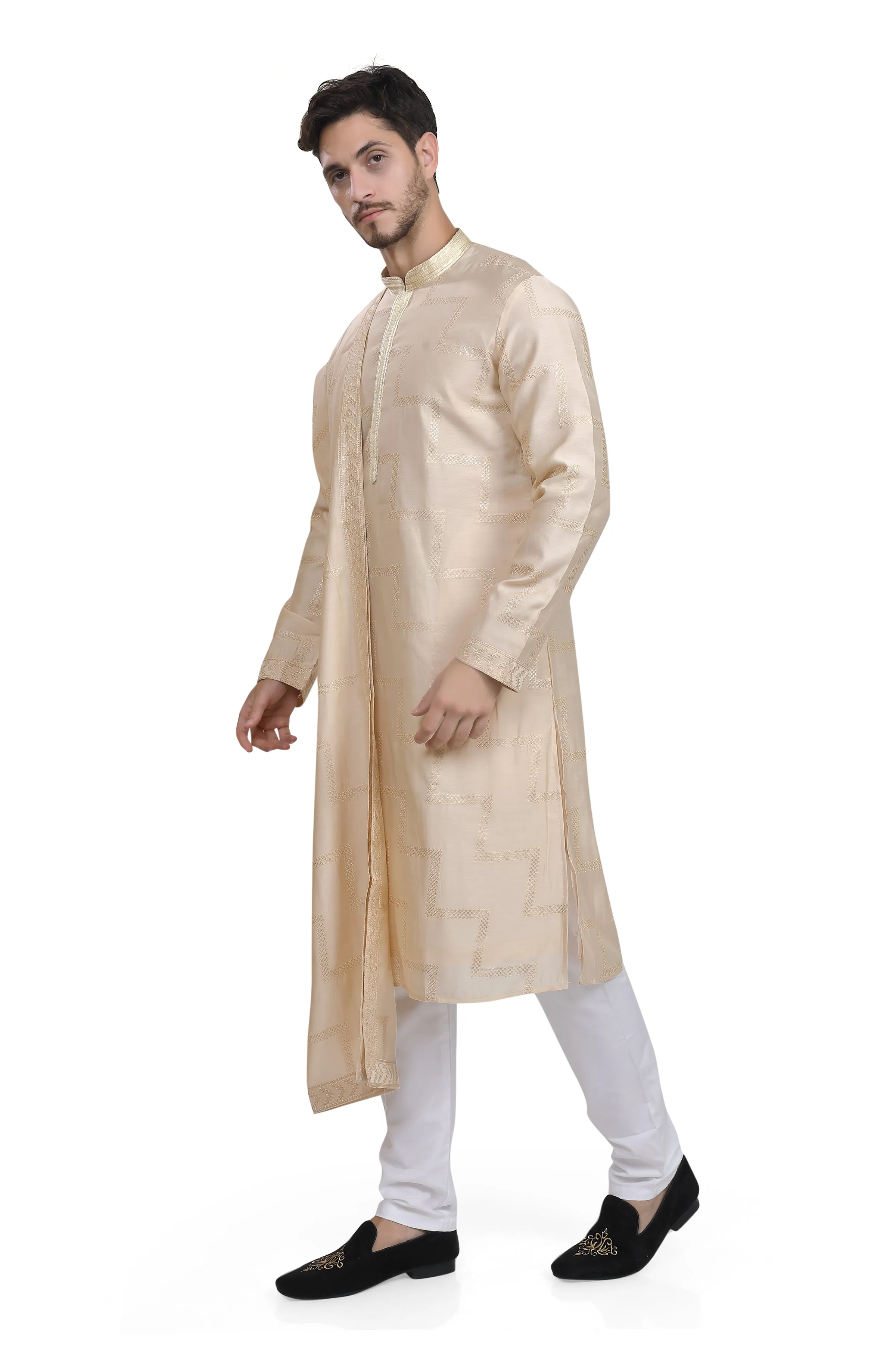 Beige mens kurta dupatta and pyjama set