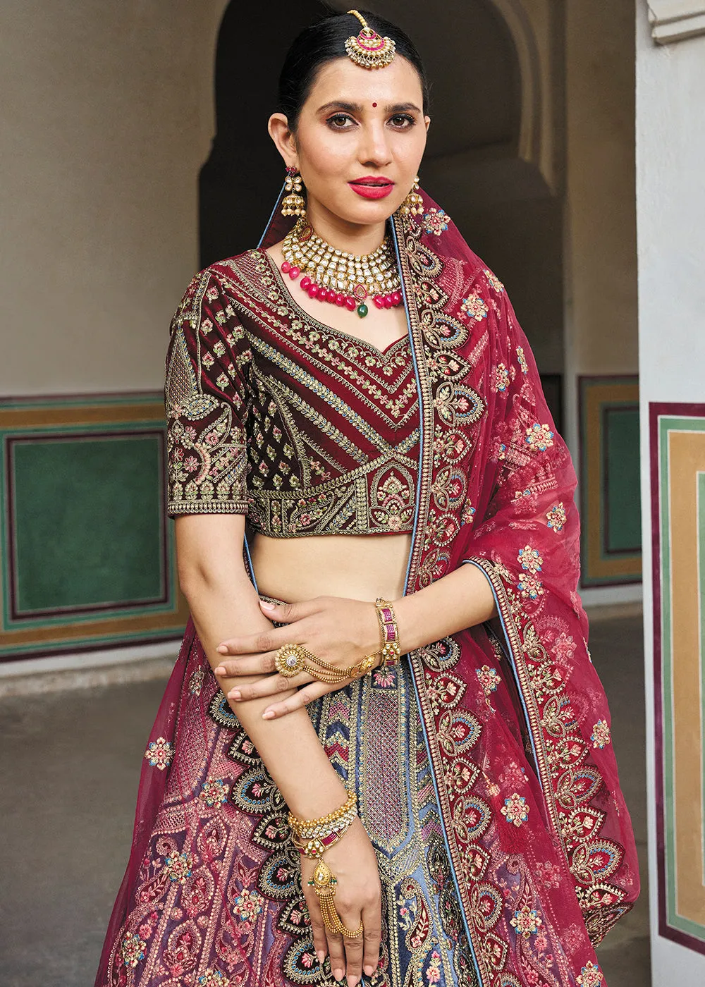 Blue & Maroon Bridal Wear Heavy Embroidered Silk Lehenga Choli