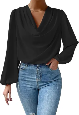 BOFETA Women's Elegant Cowl Neck Satin Blouse Lantern Long Sleeve Shirts Work Solid Color Tunic Shirt