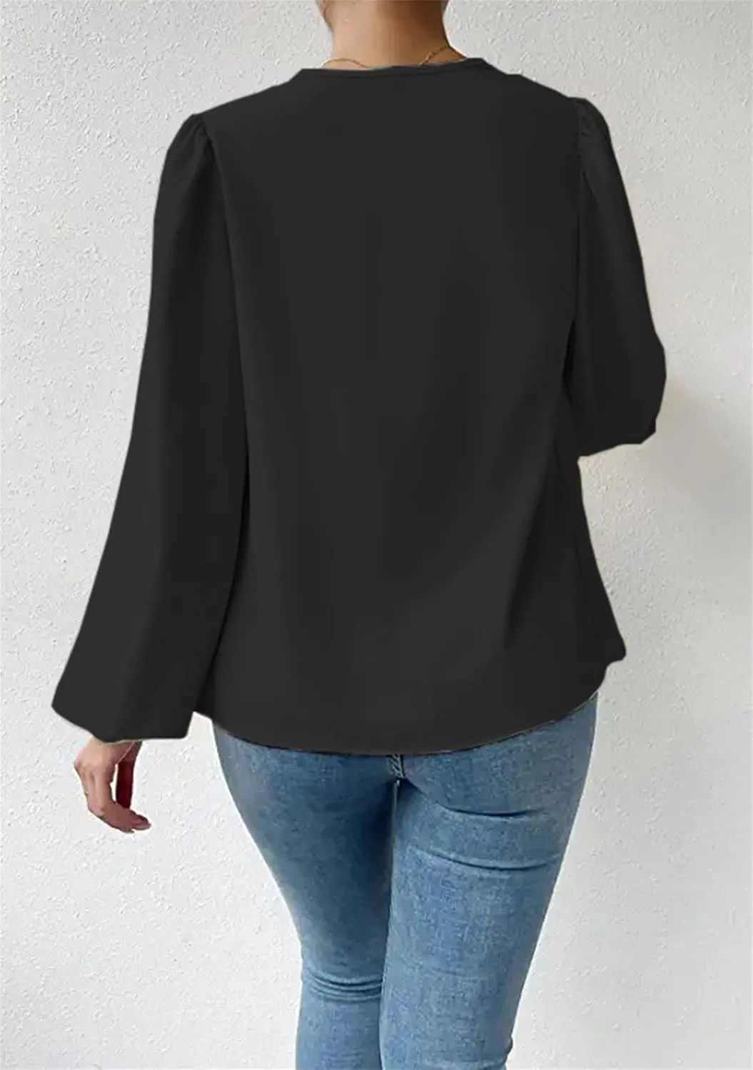BOFETA Women's Elegant Cowl Neck Satin Blouse Lantern Long Sleeve Shirts Work Solid Color Tunic Shirt