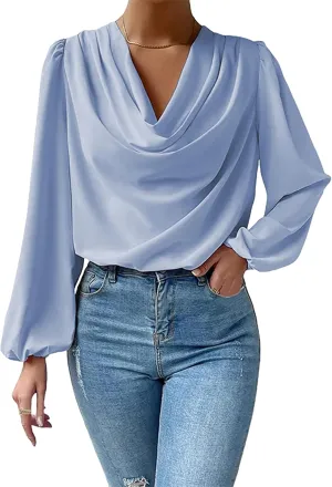 BOFETA Women's Elegant Cowl Neck Satin Blouse Lantern Long Sleeve Shirts Work Solid Color Tunic Shirt