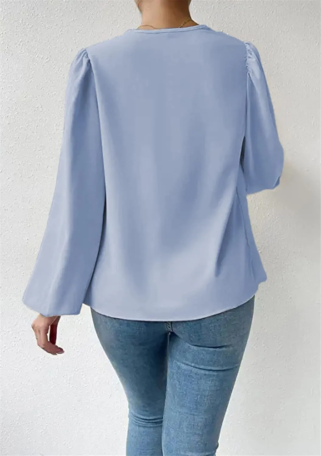 BOFETA Women's Elegant Cowl Neck Satin Blouse Lantern Long Sleeve Shirts Work Solid Color Tunic Shirt