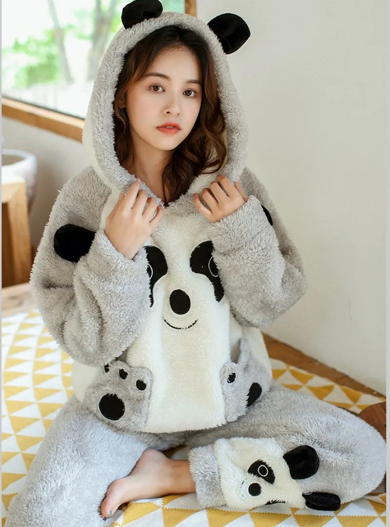 BROWN BEAR SUIT CORAL FLEECE PAJAMAS WOMEN THICKEN
