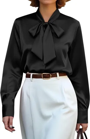 CBOO Women's Bow Tie Neck Button Down Shirts Silk Blouses Long Sleeve Elegant Satin Blouse Casual Dressy Business Tops