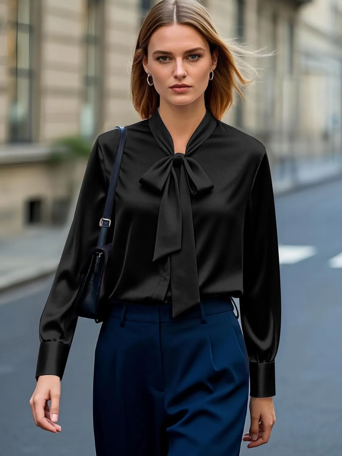 CBOO Women's Bow Tie Neck Button Down Shirts Silk Blouses Long Sleeve Elegant Satin Blouse Casual Dressy Business Tops