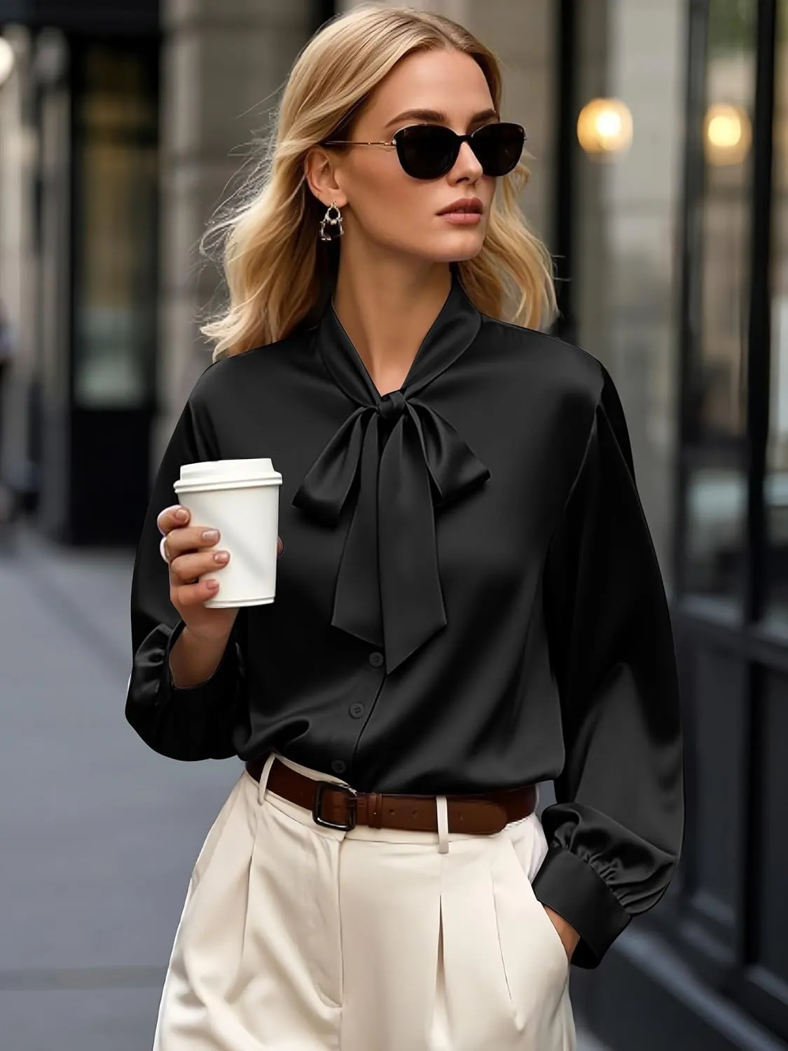 CBOO Women's Bow Tie Neck Button Down Shirts Silk Blouses Long Sleeve Elegant Satin Blouse Casual Dressy Business Tops