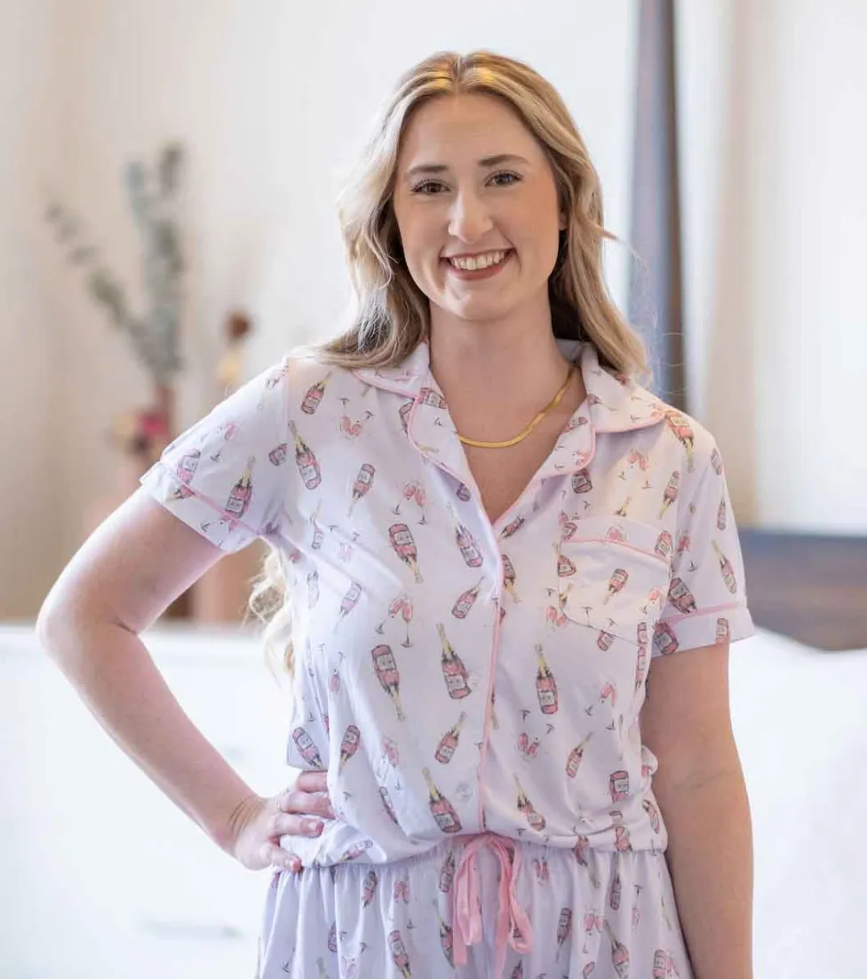 Champagne Dreams Short Sleeve Button Up Sleep Shirt - Light Pink