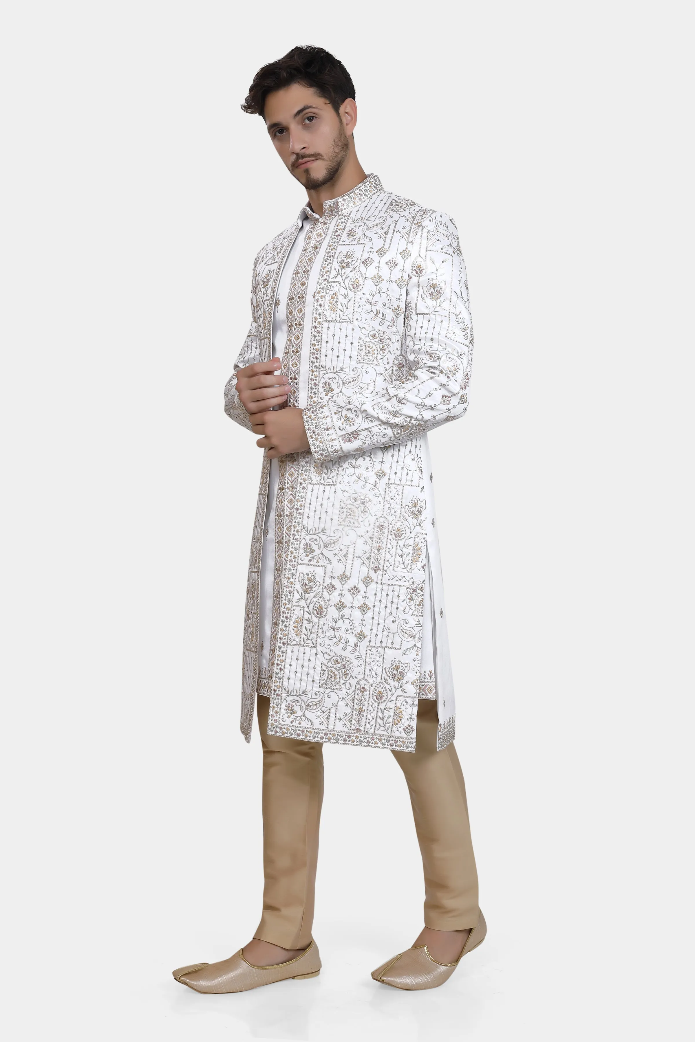 Cloud white mens sherwani kurta  pyjama set