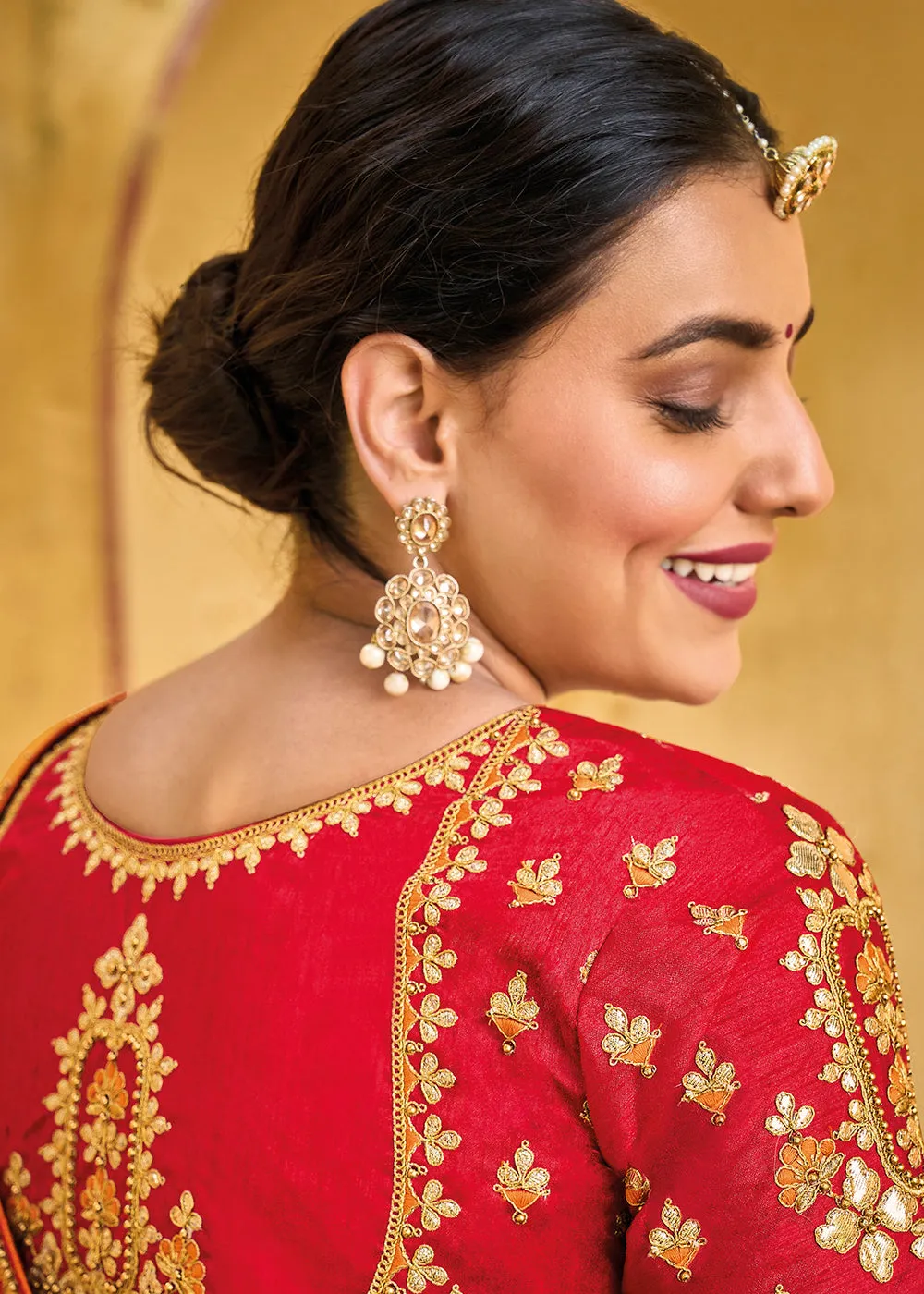 Designer Multicolor Beige & Red Silk Wedding Wear Saree