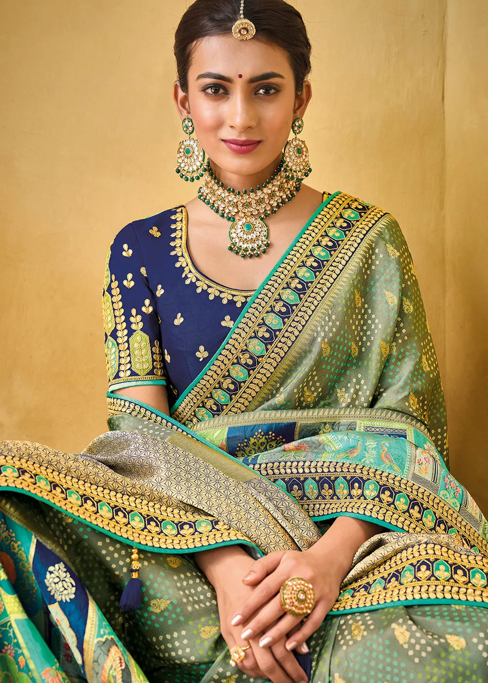 Designer Multicolor Green & Blue Silk Wedding Wear Saree
