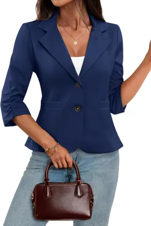 ELLEVEN Womens Casual 3/4 Sleeve Knit Blazers - High Stretch Business Work Suit Slim Fit Jacket with Pockets