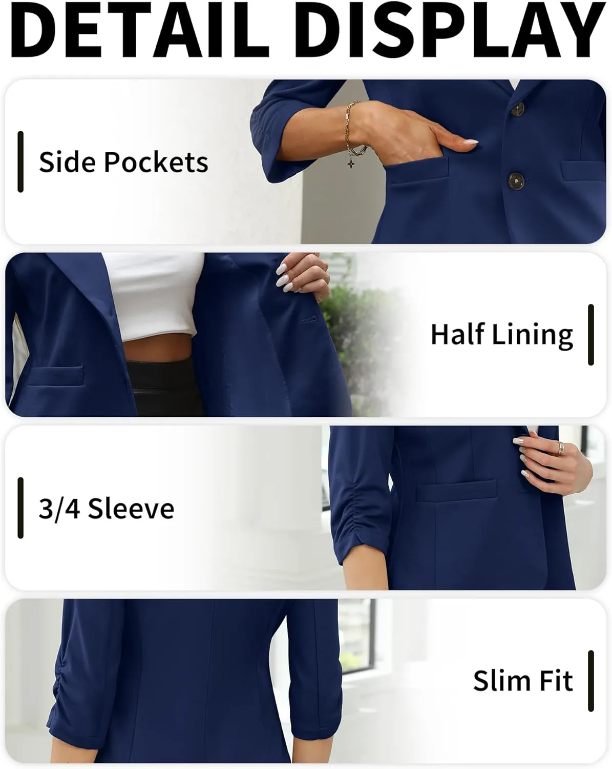 ELLEVEN Womens Casual 3/4 Sleeve Knit Blazers - High Stretch Business Work Suit Slim Fit Jacket with Pockets