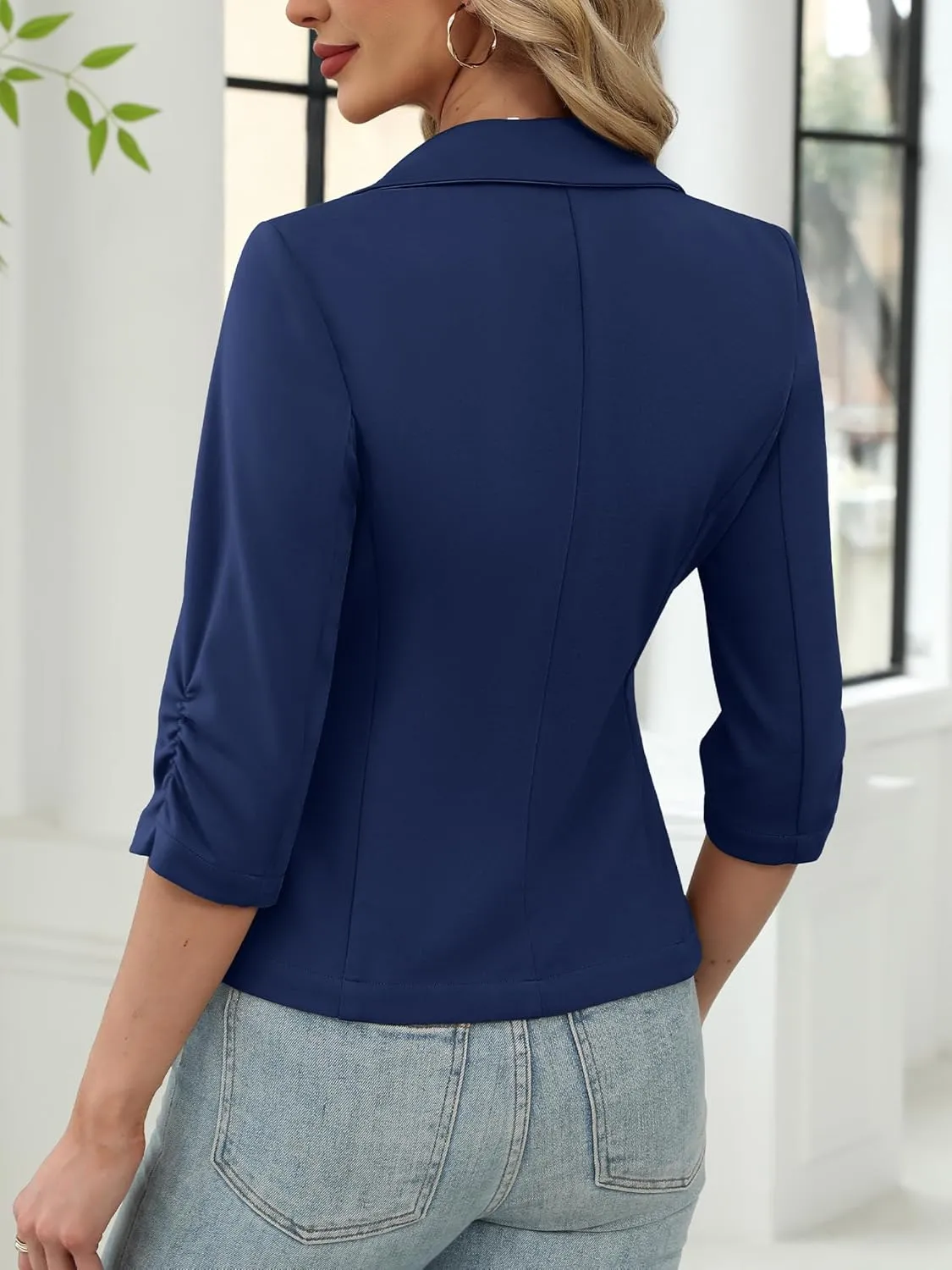 ELLEVEN Womens Casual 3/4 Sleeve Knit Blazers - High Stretch Business Work Suit Slim Fit Jacket with Pockets