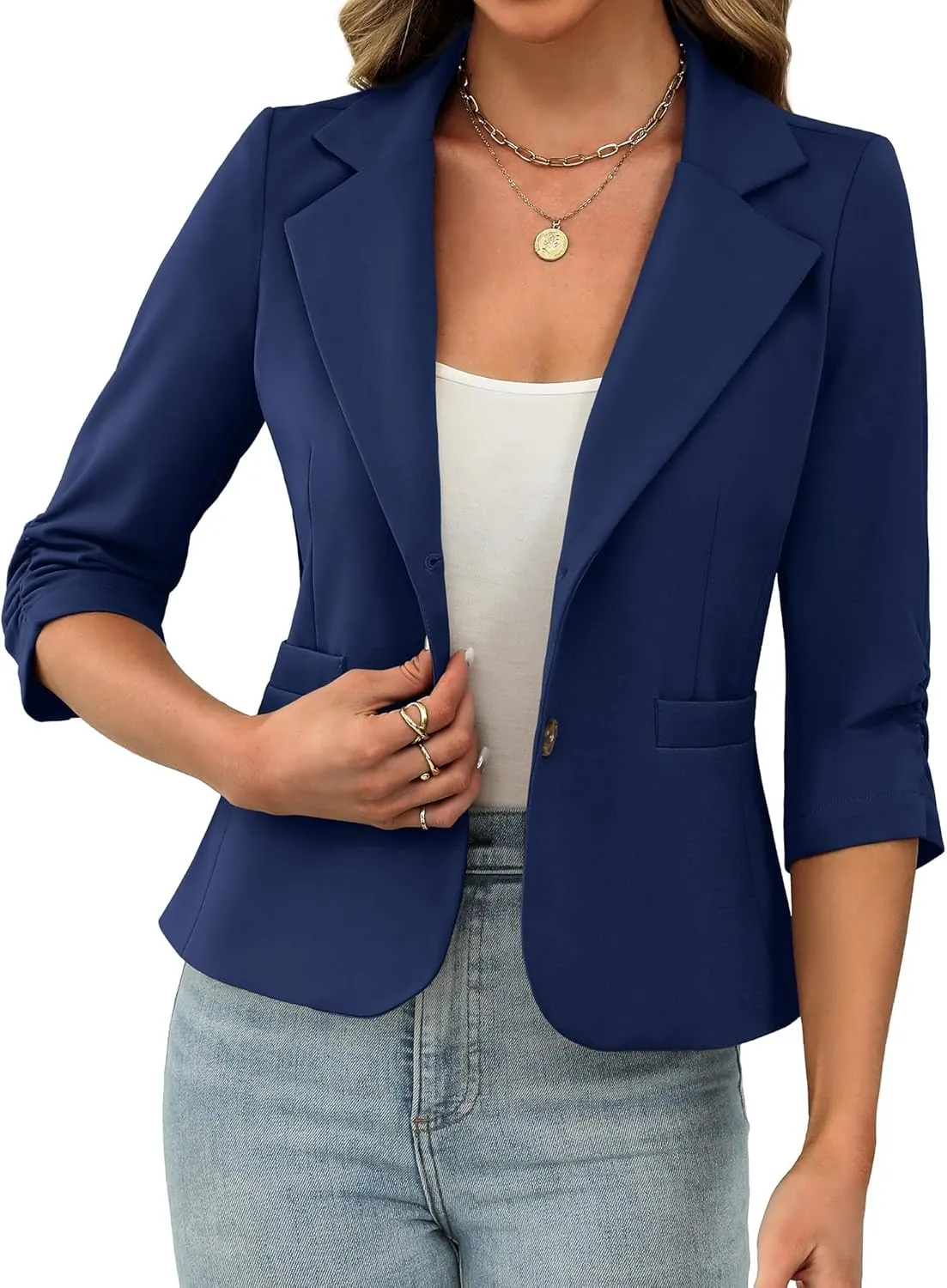 ELLEVEN Womens Casual 3/4 Sleeve Knit Blazers - High Stretch Business Work Suit Slim Fit Jacket with Pockets