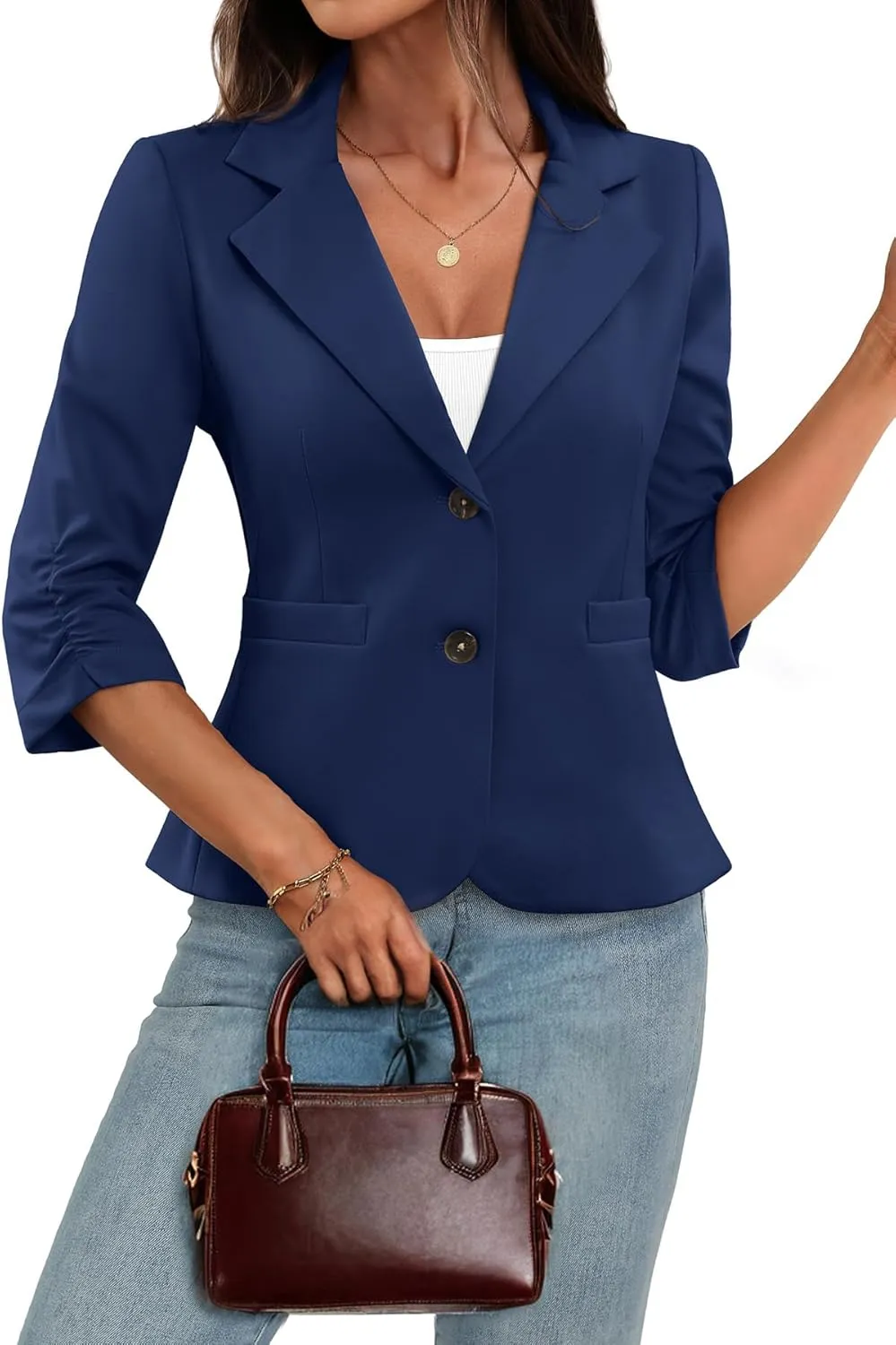 ELLEVEN Womens Casual 3/4 Sleeve Knit Blazers - High Stretch Business Work Suit Slim Fit Jacket with Pockets