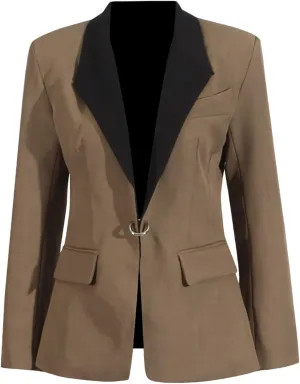 Fashion Contrast Lapel Color Matching Women's Blazer Modern Hook Closure Casual Jacket Coat Long Sleeve Temperament