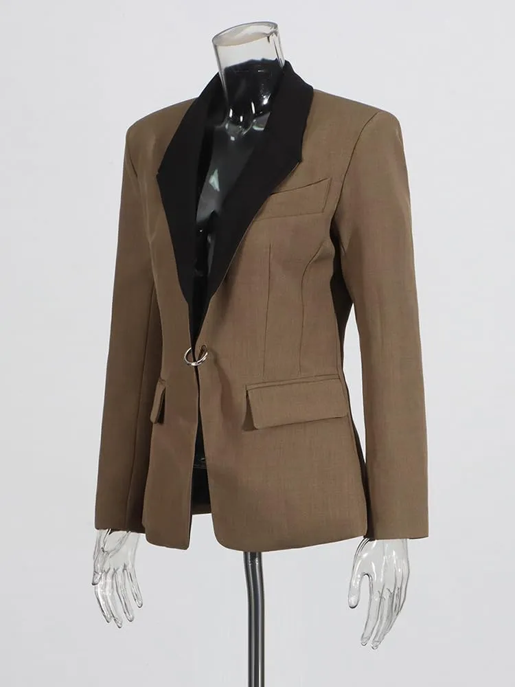 Fashion Contrast Lapel Color Matching Women's Blazer Modern Hook Closure Casual Jacket Coat Long Sleeve Temperament