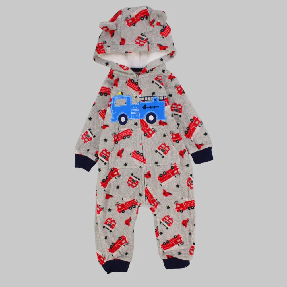 Fire Truck Long-Sleeved Hooded Footless Onesie