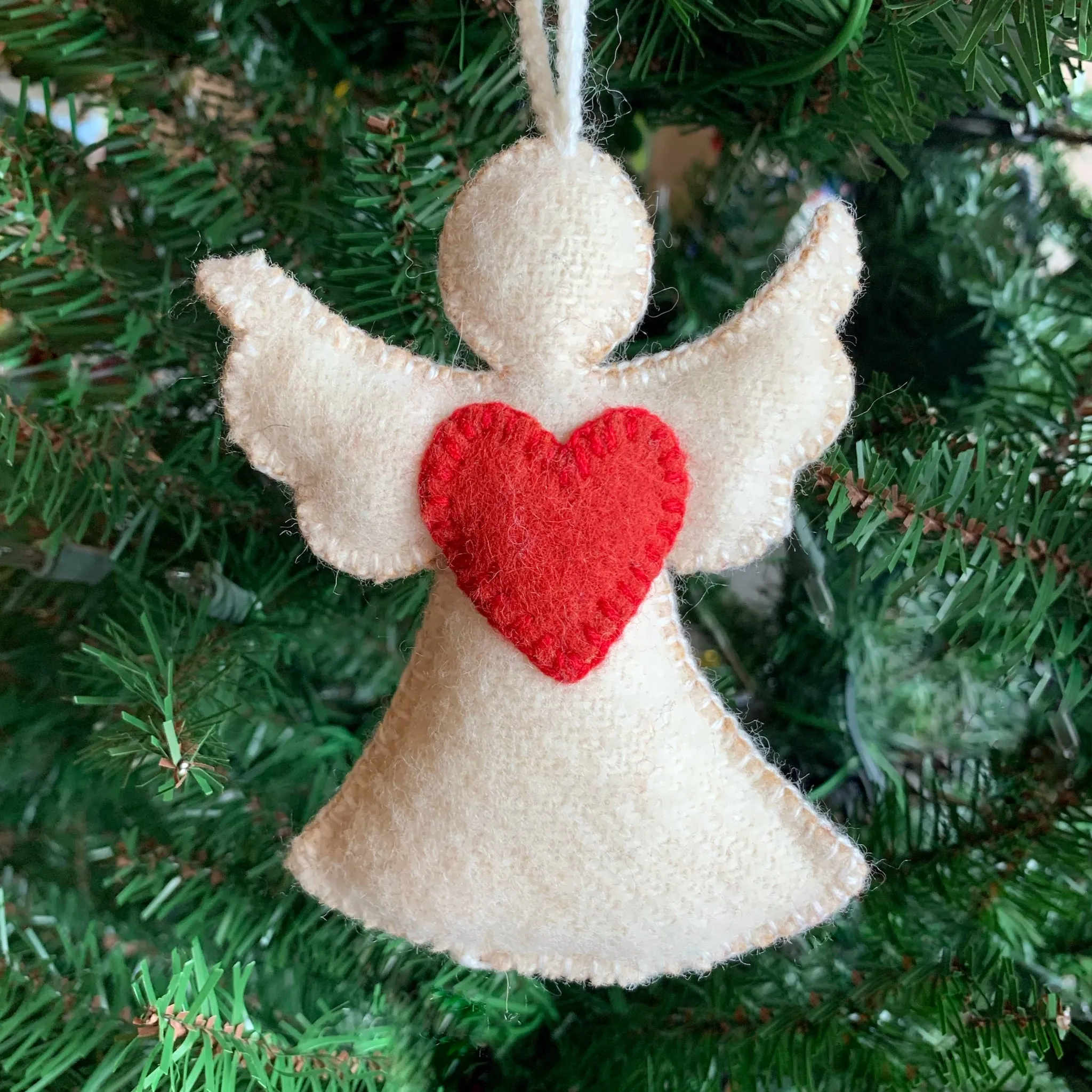 Heart Angel Ornament, Embroidered Wool