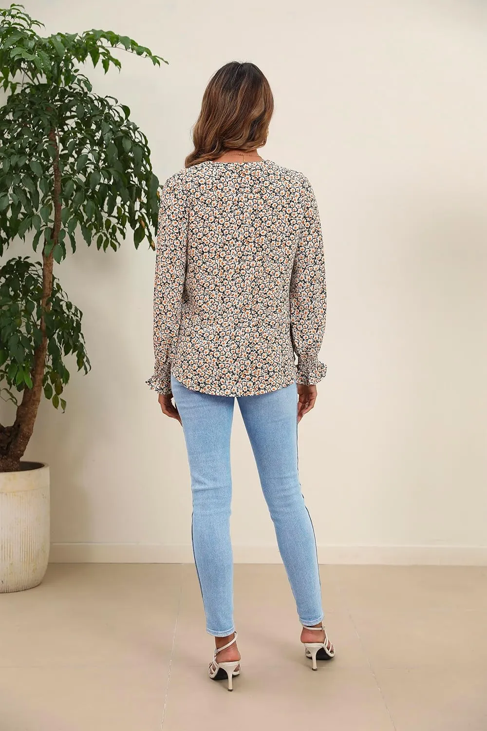 HOTOUCH Women Bohemian V Neck Floral Print Smocked Long Sleeve Casual Tops Chiffon Blouses Boho Shirts