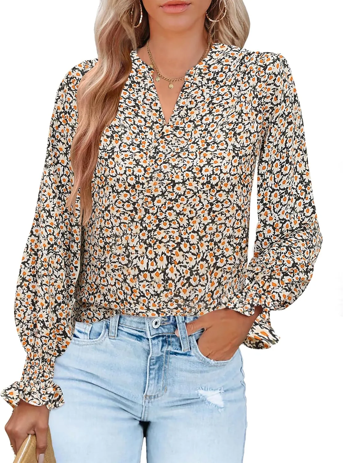 HOTOUCH Women Bohemian V Neck Floral Print Smocked Long Sleeve Casual Tops Chiffon Blouses Boho Shirts
