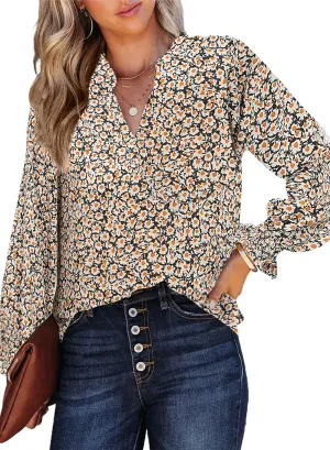 HOTOUCH Women Bohemian V Neck Floral Print Smocked Long Sleeve Casual Tops Chiffon Blouses Boho Shirts