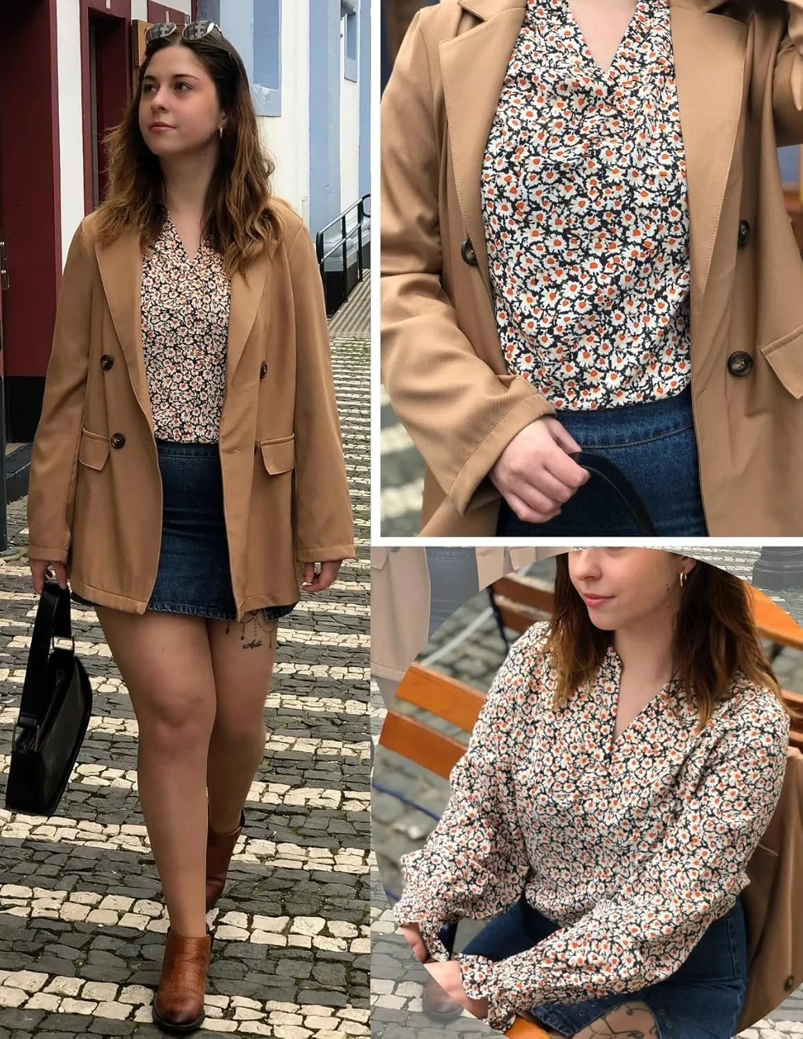 HOTOUCH Women Bohemian V Neck Floral Print Smocked Long Sleeve Casual Tops Chiffon Blouses Boho Shirts