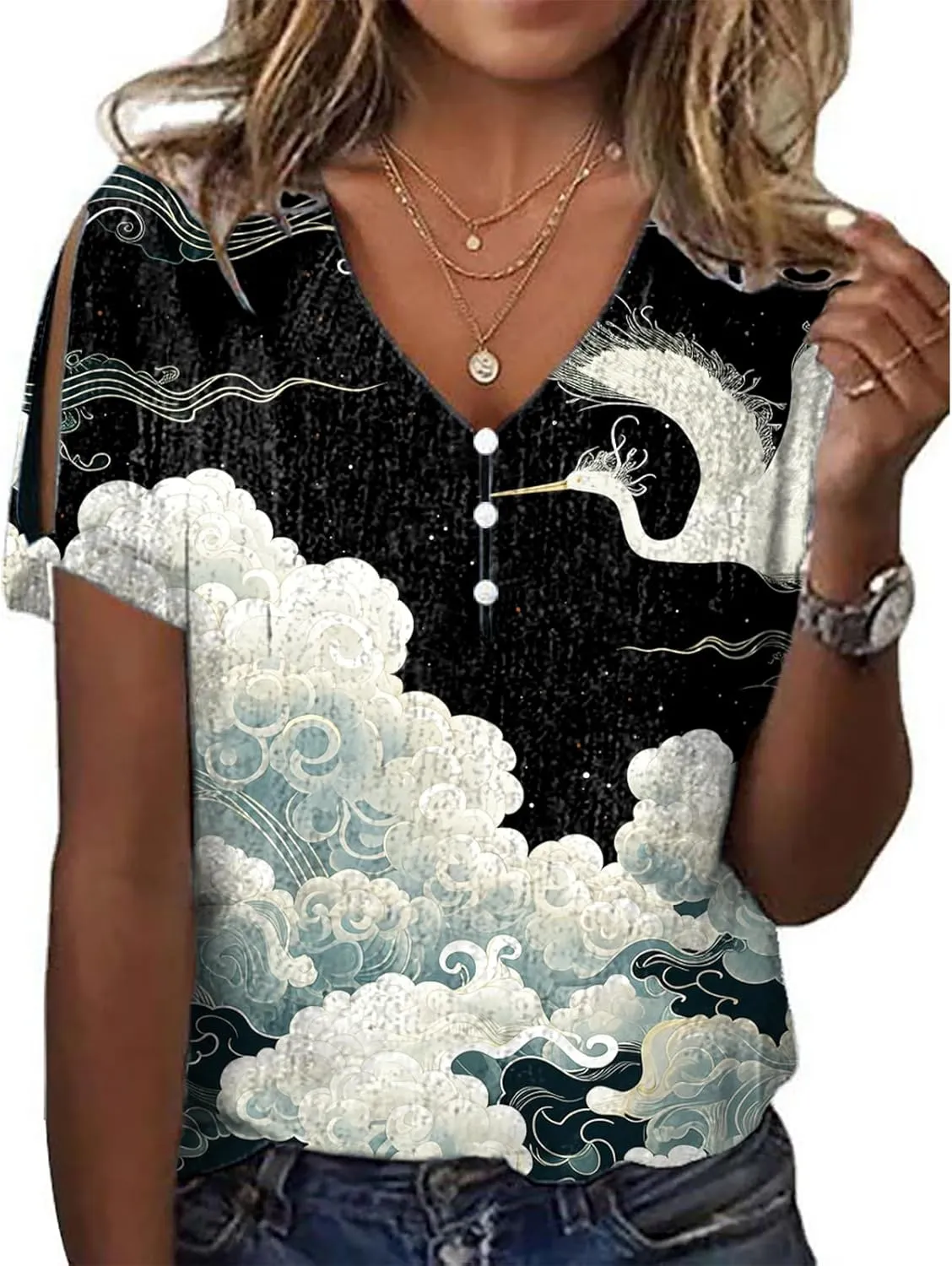 Japanese Art Tops for Women Wave Print Short Sleeve V Neck Cold Shoulder Casual 2025 Summer Trendy Ladies Tee Shirt