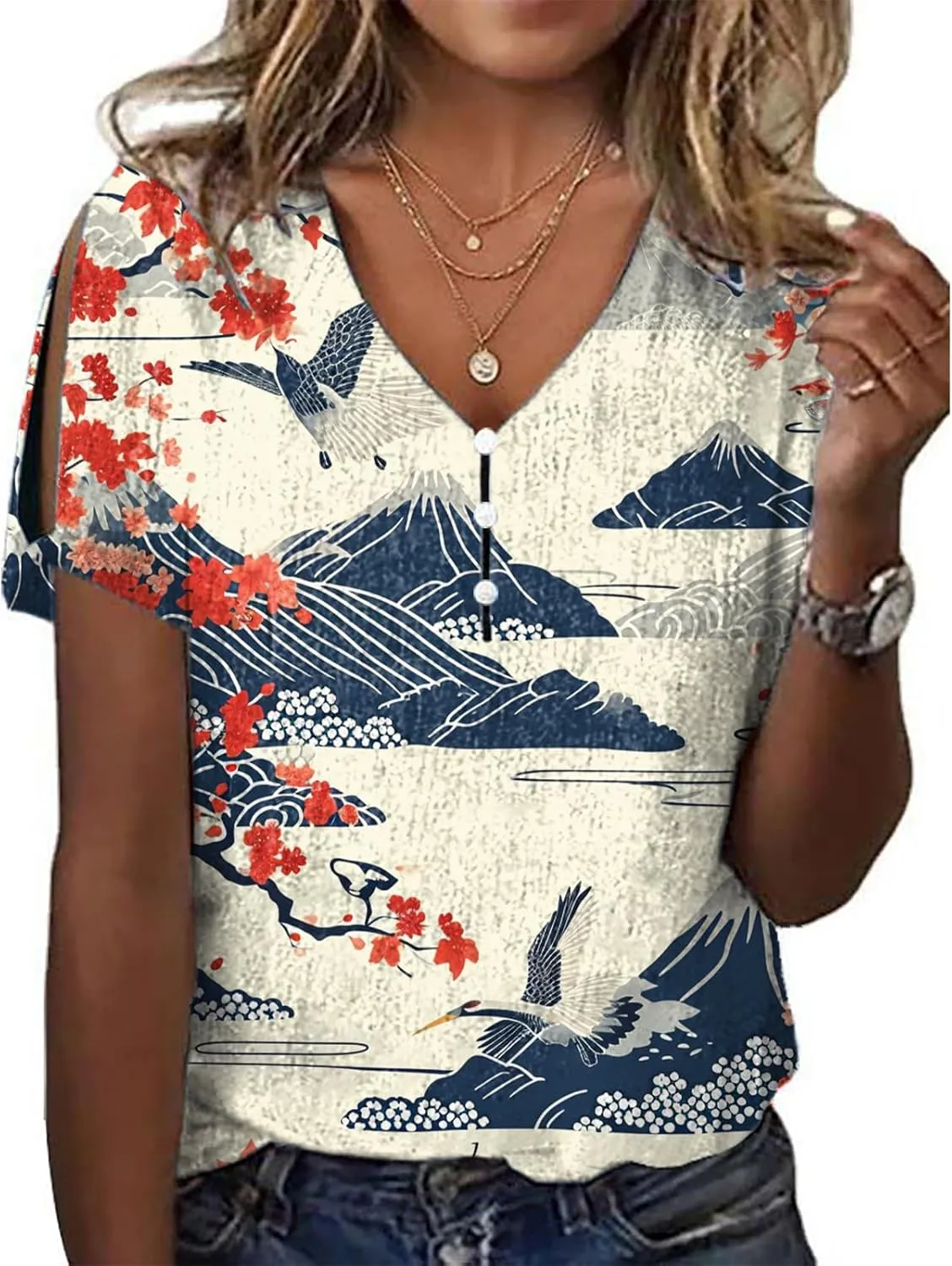 Japanese Art Tops for Women Wave Print Short Sleeve V Neck Cold Shoulder Casual 2025 Summer Trendy Ladies Tee Shirt