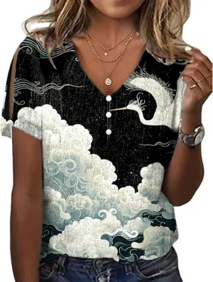 Japanese Art Tops for Women Wave Print Short Sleeve V Neck Cold Shoulder Casual 2025 Summer Trendy Ladies Tee Shirt