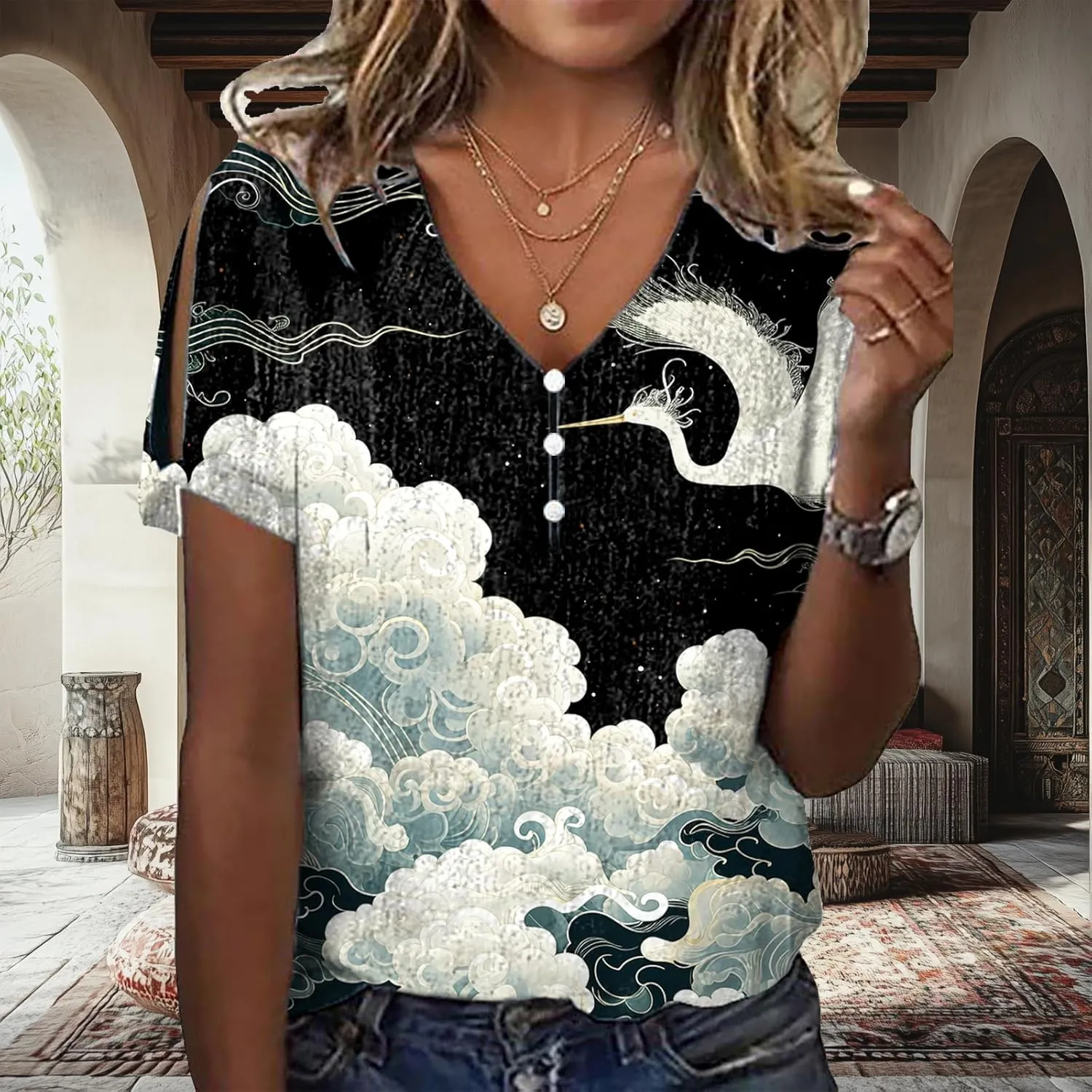 Japanese Art Tops for Women Wave Print Short Sleeve V Neck Cold Shoulder Casual 2025 Summer Trendy Ladies Tee Shirt