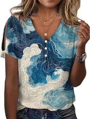 Japanese Art Tops for Women Wave Print Short Sleeve V Neck Cold Shoulder Casual 2025 Summer Trendy Ladies Tee Shirt