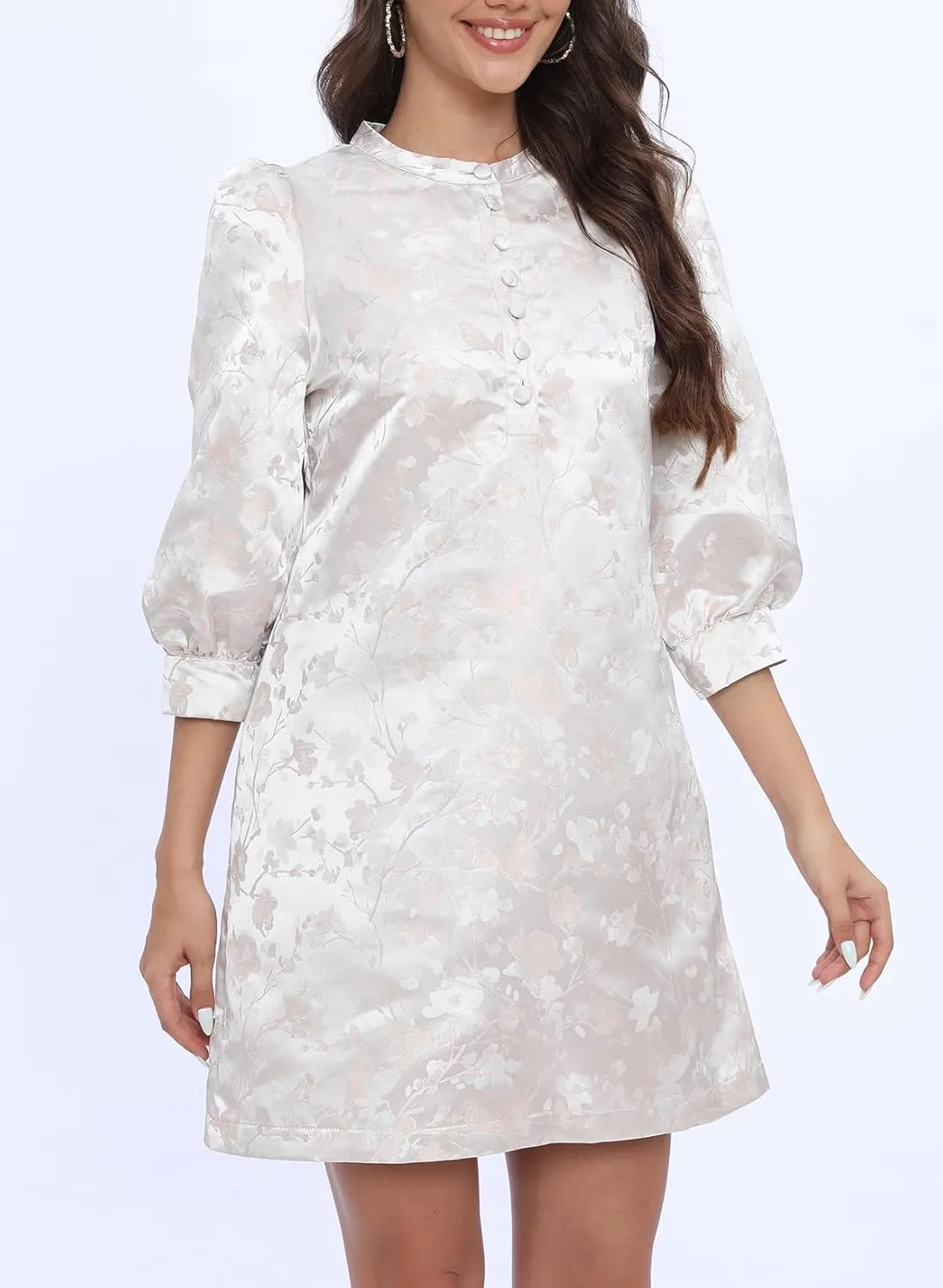 Ladyful Women's Floral Jacquard Dress Crewneck 3/4 Puff Sleeve Button Up Elegant Business Shift Mini Dress