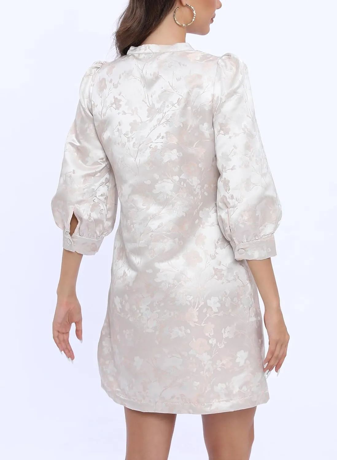 Ladyful Women's Floral Jacquard Dress Crewneck 3/4 Puff Sleeve Button Up Elegant Business Shift Mini Dress