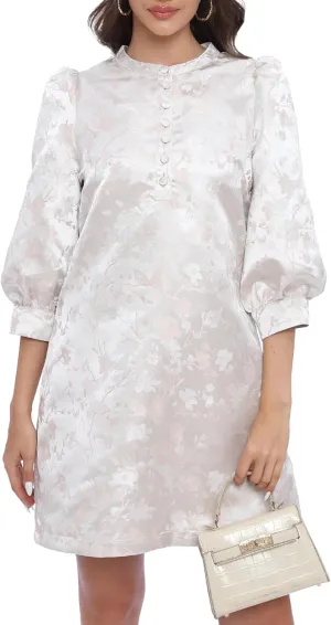 Ladyful Women's Floral Jacquard Dress Crewneck 3/4 Puff Sleeve Button Up Elegant Business Shift Mini Dress