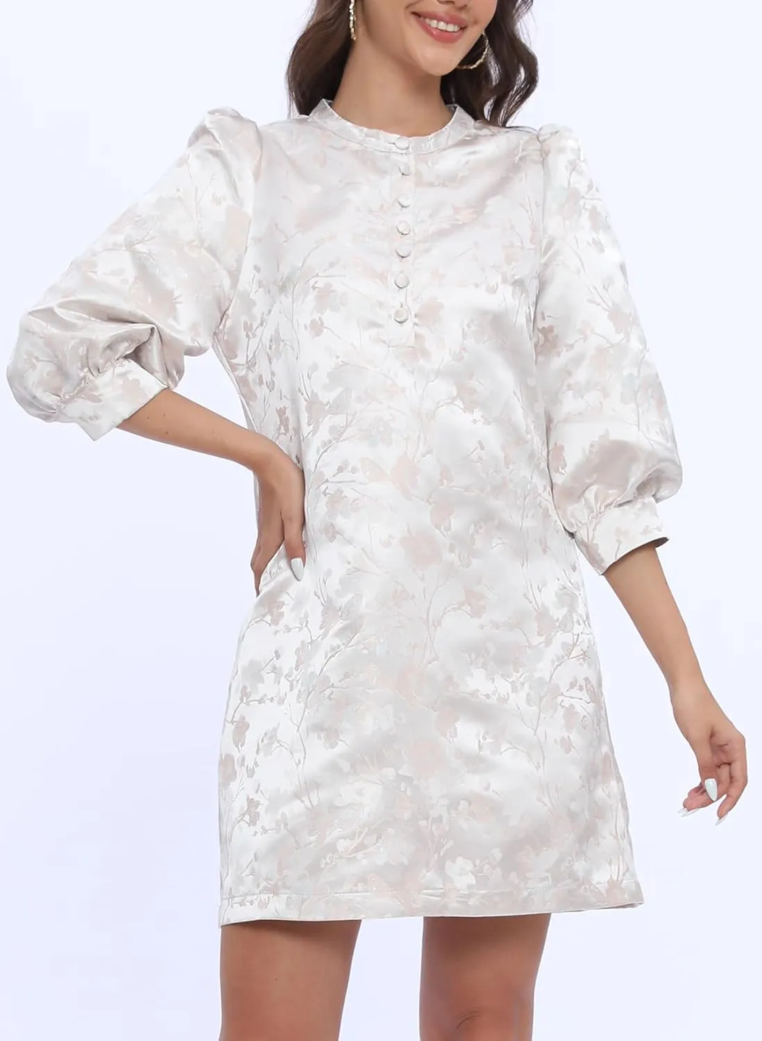 Ladyful Women's Floral Jacquard Dress Crewneck 3/4 Puff Sleeve Button Up Elegant Business Shift Mini Dress