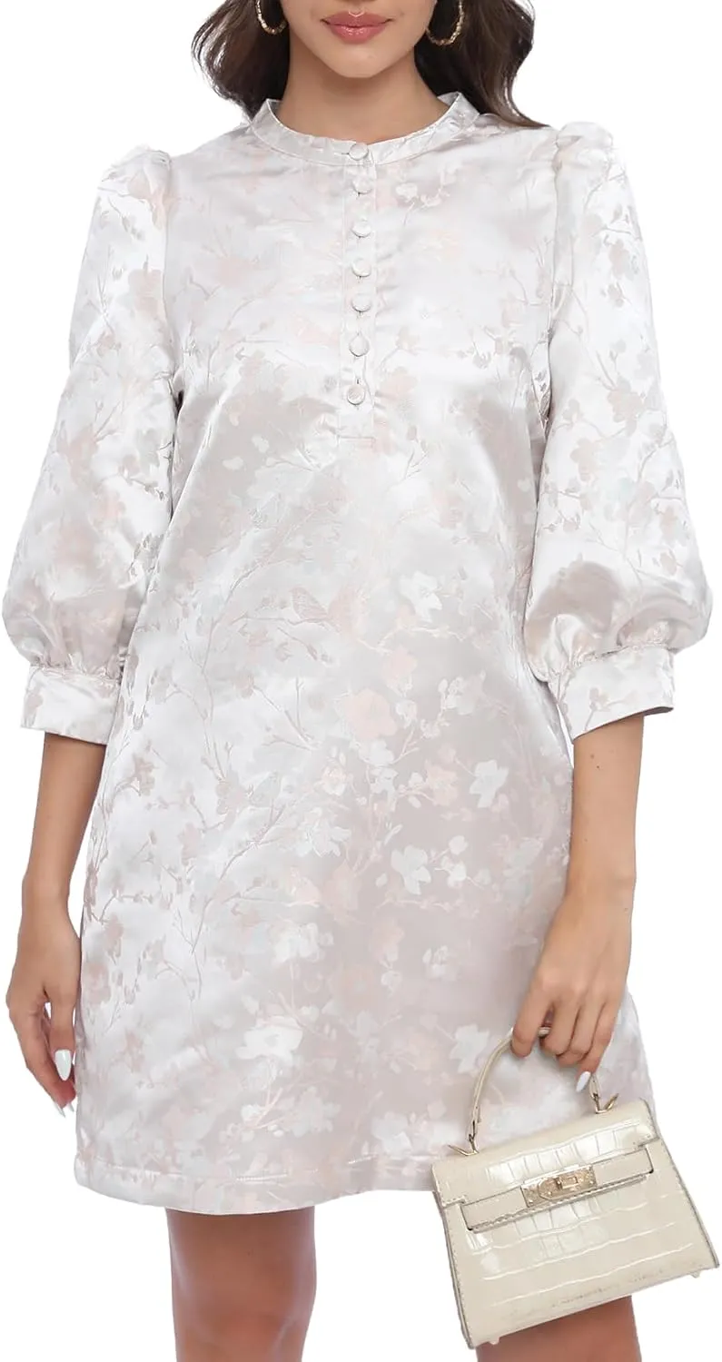 Ladyful Women's Floral Jacquard Dress Crewneck 3/4 Puff Sleeve Button Up Elegant Business Shift Mini Dress