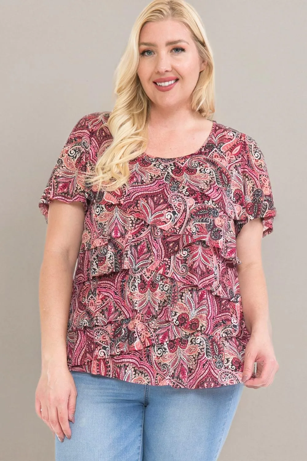 LEEBE Women and Plus Size Printed Mesh Ruffle Top (Small-5X)
