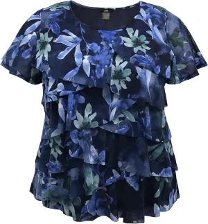 LEEBE Women and Plus Size Printed Mesh Ruffle Top (Small-5X)