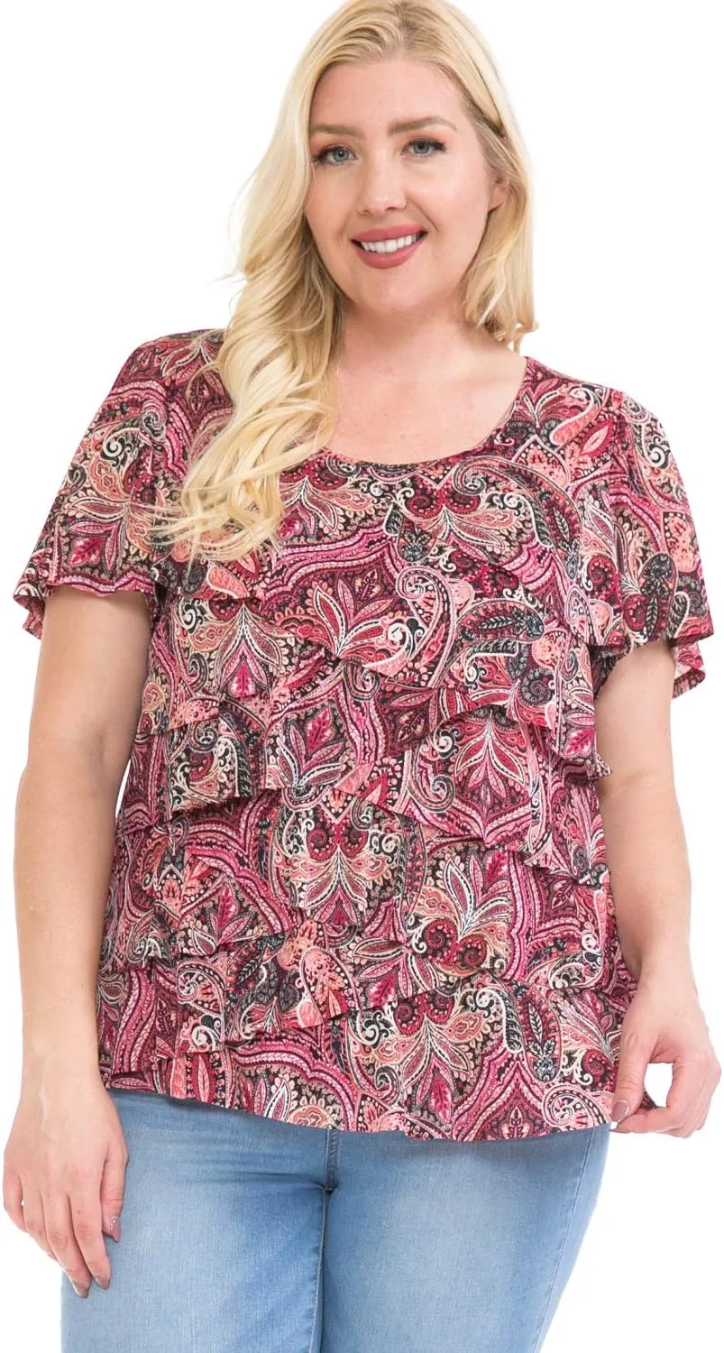 LEEBE Women and Plus Size Printed Mesh Ruffle Top (Small-5X)