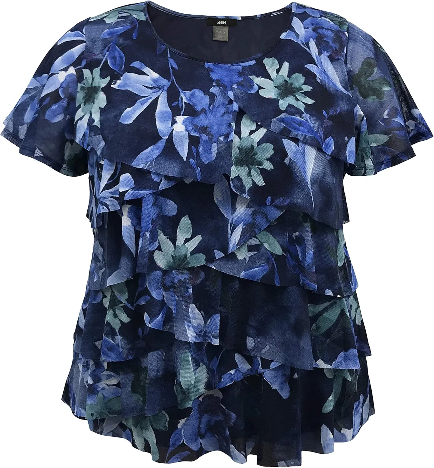 LEEBE Women and Plus Size Printed Mesh Ruffle Top (Small-5X)