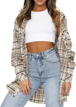 LEEDYA Womens Flannel Buffalo Print Shirts Casual Long Sleeve Button Down Blouses Loose Tunic Tops
