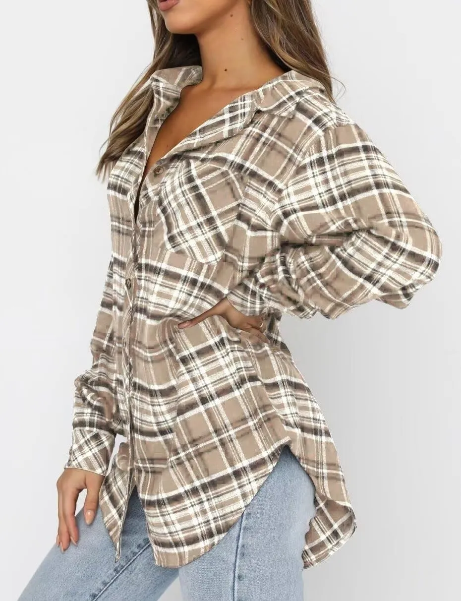 LEEDYA Womens Flannel Buffalo Print Shirts Casual Long Sleeve Button Down Blouses Loose Tunic Tops